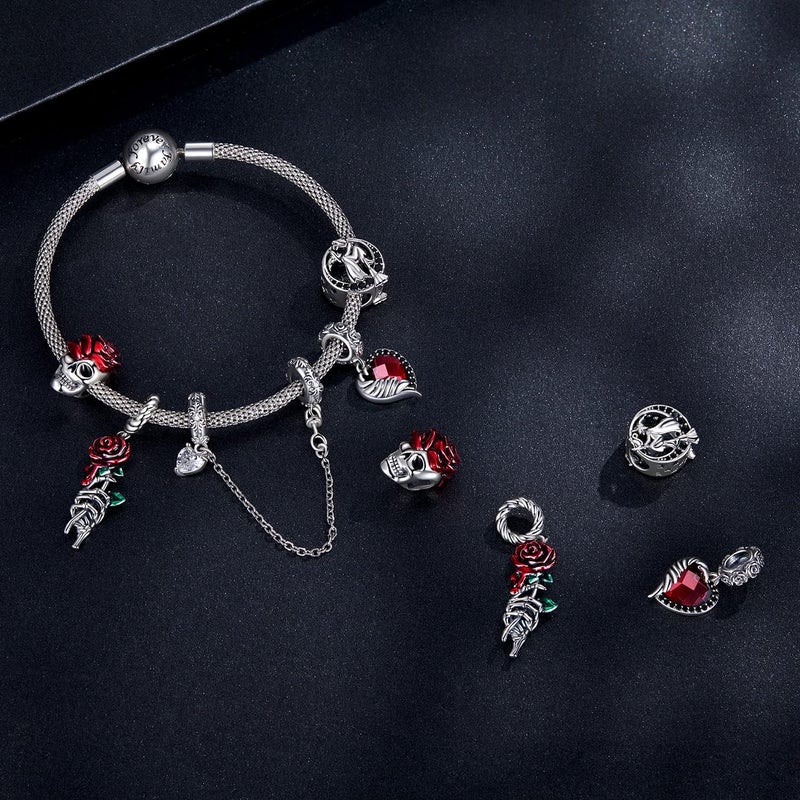 BABAMIA Store Rose Charm Heart Charms for Bracelets 925 Sterling Silver Bead Charm Fits Bracelets and Necklaces Paved with Cubic Zirconia Animal Skull Charm Dainty Halloween Charms Jewelry for Women Girls - Image 3
